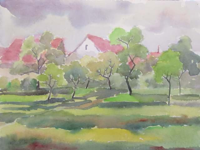 Bild av Expressionistische Aquarell Zeichnung, Landschaft mit Häusern
