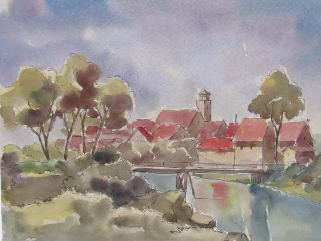 Picture of Expressionistische Aquarell Zeichnung, Blick auf ein Dorf