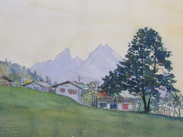 Bild von Aquarell Zeichnung Alpenlandschaft Berchtesgaden, monogrammiert & datiert