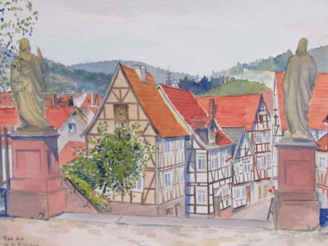 Afbeelding van Aquarell Zeichnung, Architektur Bad Orb Blick Kirchtreppe an der Kirchgasse, monogrammiert & datiert 1966