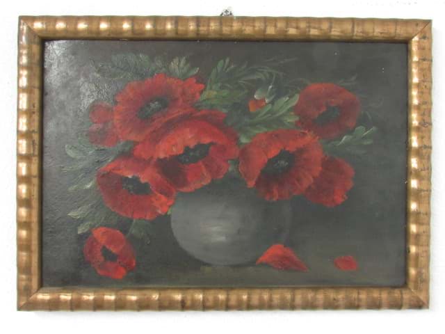 Bild av Kleines Mohnblumen Gemälde um 1900, Ölbild Blumenstillleben, Öl/Karton
