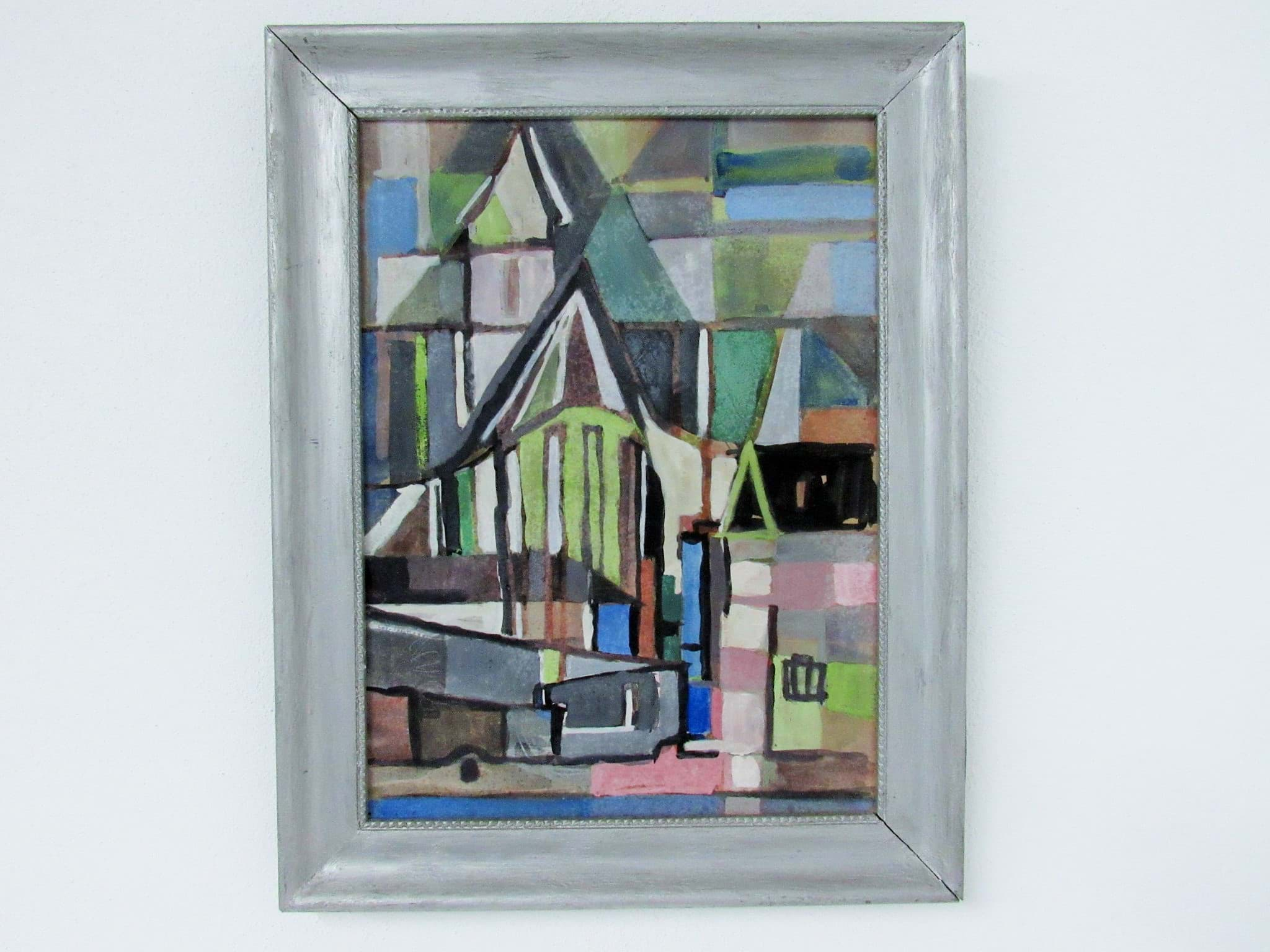 Picture of Gouache Architektur, abstrakte Kirche, gerahmt