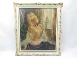 Bild von Erotisches Ölbild Frauenakt / Halbakt um 1950/60, Öl auf Leinwand, undeutlich signiert, gerahmt