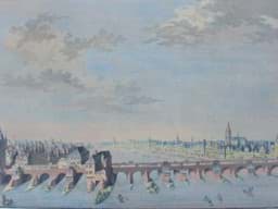 Obraz Alt-kolorierte Umrißradierung, Ansicht Frankfurt am Main, Alte Steinbrücke, um 1800