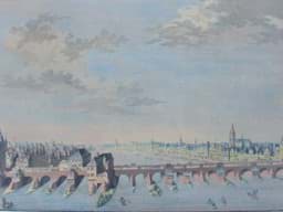 Visa detaljer för Alt-kolorierte Umrißradierung, Ansicht Frankfurt am Main, Alte Steinbrücke, um 1800 Bild av Alt-kolorierte Umrißradierung, Ansicht Frankfurt am Main, Alte Steinbrücke, um 1800