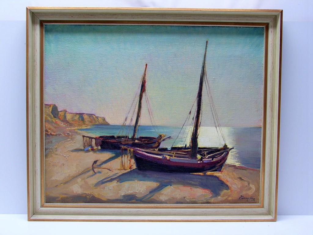 Afbeelding van Ölgemälde Wilhelm Hempfing (1886-1948) Fischerboote in Abendstimmung Öl/Lwd signiert