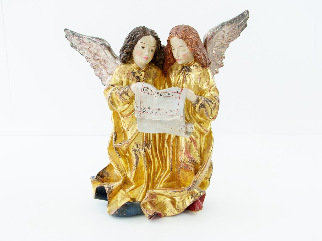 Image de Geschnitzte Skulptur, singendes Engel Paar, Südtirol, antik gefasst und Blatt-vergoldet nach Pacher