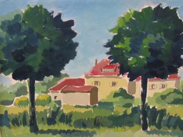 Bild von Expressionistische Malerei Mischtechnik, Blick durch Bäume auf eine Häusergruppe