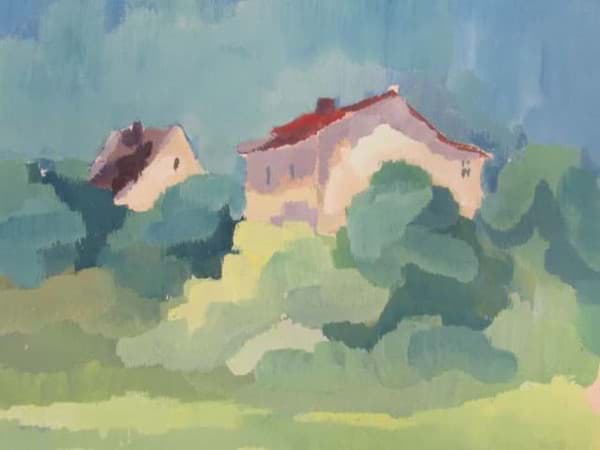 Bild von Expressive Malerei in Mischtechnik, Blick durchs grüne auf zwei Häuser