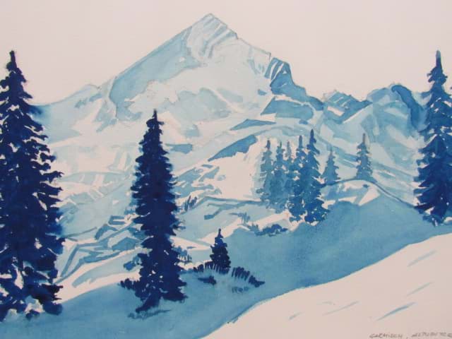 Afbeelding van Aquarell Zeichnung Alpenlandschaft Garmisch - Alpspitze, monogrammiert & datiert