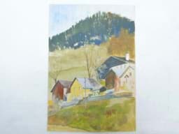 Bild von Bild in Mischtechnik Malerei auf Papier, Blick auf eine Berglandschaft mit Häusern 
