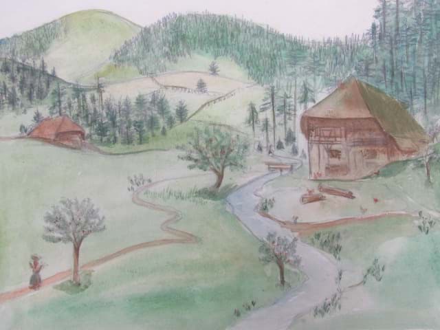 Obraz Naive Malerei Aquarell Zeichnung, Bergige Landschaft mit Hütten
