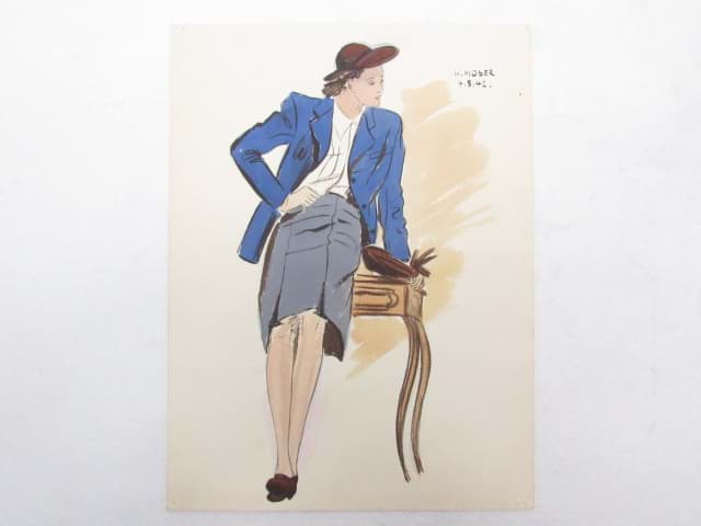 Afbeelding van Modezeichnung Aquarell Tusche Business Dame, 40er Jahre