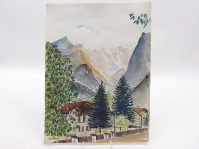 Afbeelding van Aquarell Zeichnung Alpenlandschaft mit Häusern & Bäumen, 1965