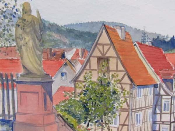 Aquarell Zeichnung, Architektur Bad Orb Blick Kirchtreppe ...