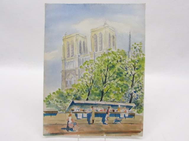 Obraz Aquarell Zeichnung, Architektur mit Marktszene Kathedrale Notre Dame in Paris, monogrammiert & datiert 1966