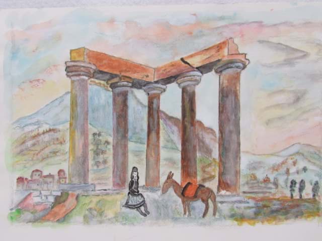 Picture of Aquarell griechische Landschaft mit Donischer Säulen Ruine, Naive Bild