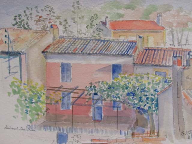 Afbeelding van Aquarell Zeichnung Häuser in Sausset les Pins, monogrammiert H.ST. & datiert 1956