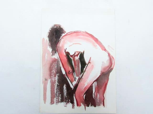 Afbeelding van Aquarell Bild bückende Damen Rückenakt, Dreiviertel Darstellung, Nude