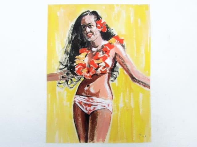 Image de Pop art Bild Mischtechnik Hawaiianerin Ganzkörper Damen Portrait, 50er Jahre