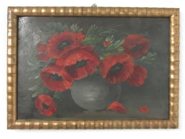 Bild von Kleines Mohnblumen Gemälde um 1900, Ölbild Blumenstillleben, Öl/Karton