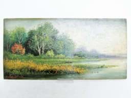 Bild von Ölbild Landschaft Ufer mit Seerosen, signiert & datiert H. Lindner 1908, Öl/Holz
