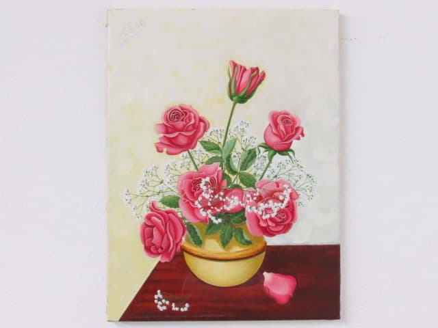 Afbeelding van Ölbild Blumenstillleben Roter Rosen Strauß in einer Kugelvase, Öl/Leinwand