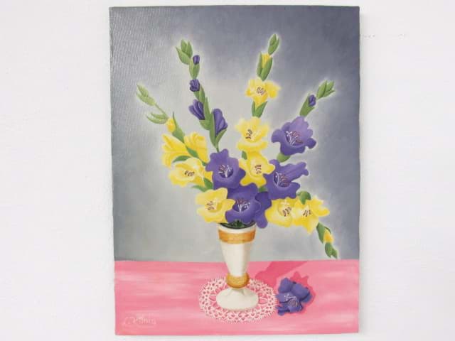 Obraz Ölbild Blumenstillleben Gladiolen Strauß, Gelb & Lila, Öl/Leinwand