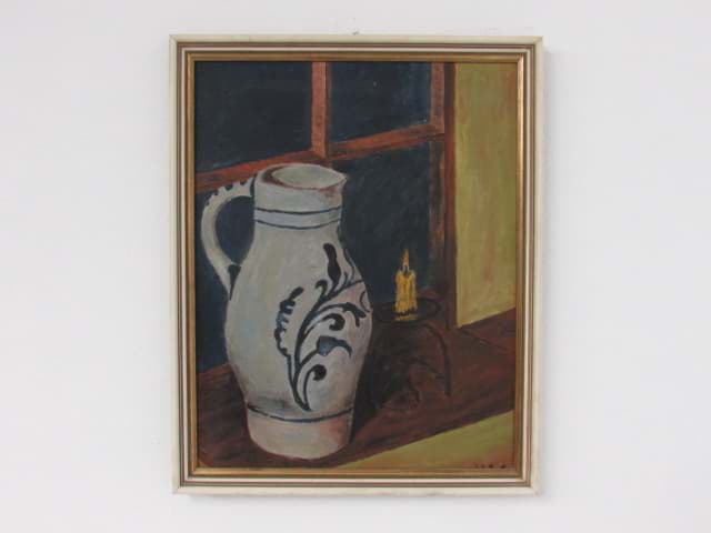 Image de Ölbild Stillleben Krug & Kerze vor einem Strebenfenster, 20. Jahrhundert, signiert