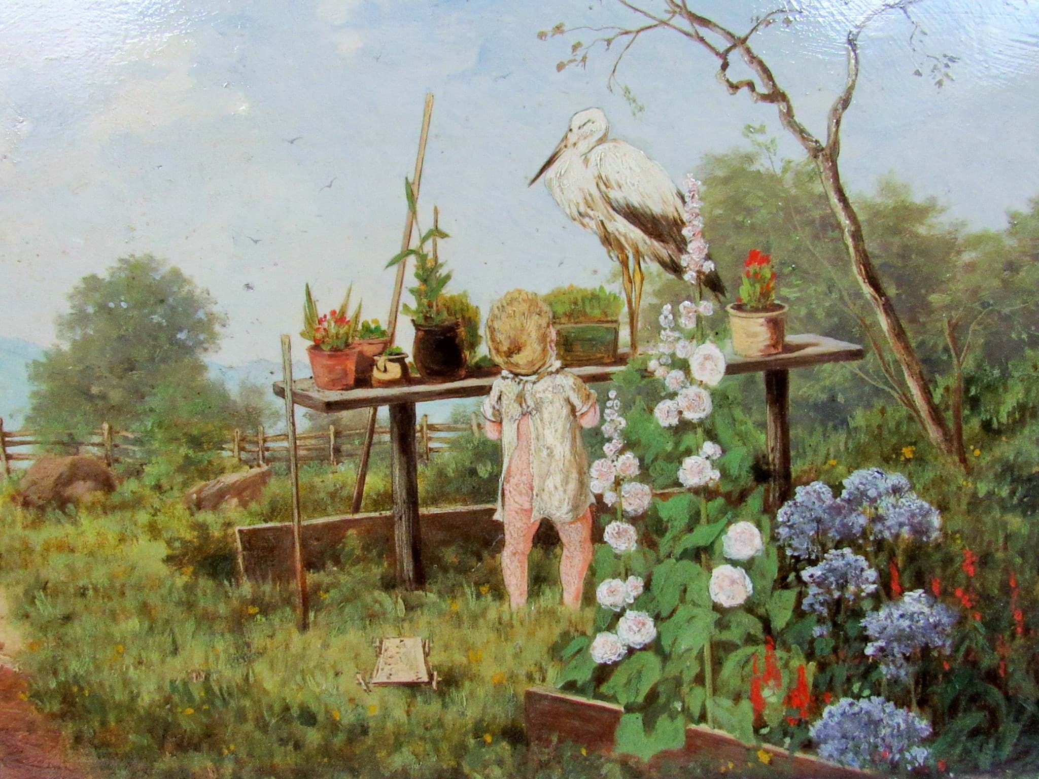 Obraz T. Tessani, 1890, Gemälde / Ölbild Impressionismus, Landschaft mit liebevoller Knaben Szene - Eine Frage !, Öl/Holz