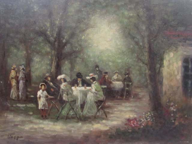 Afbeelding van Gemälde, Neo Impressionismus, "Im freien zu Tisch", Öl auf Holz, 2. Hälfte des 20. Jahrhundert