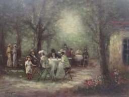 Bild von Gemälde, Neo Impressionismus, "Im freien zu Tisch", Öl auf Holz, 2. Hälfte des 20. Jahrhundert