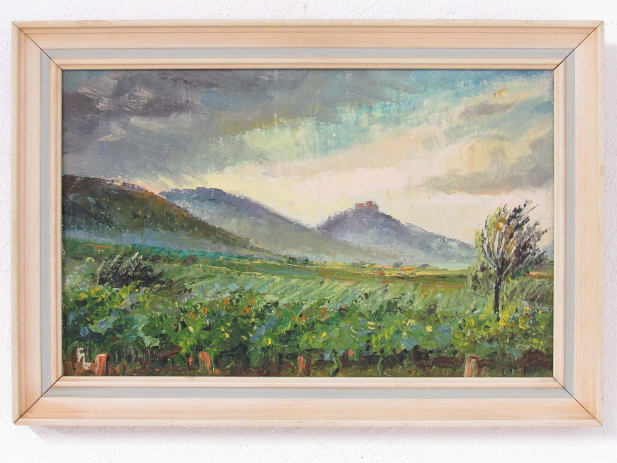 Obraz Gemälde Fritz Lederle (1901-1975), Pfälzer Landschaft mit Fernblick auf das Hambacher Schloß, Öl/Platte, Pfälzer Maler