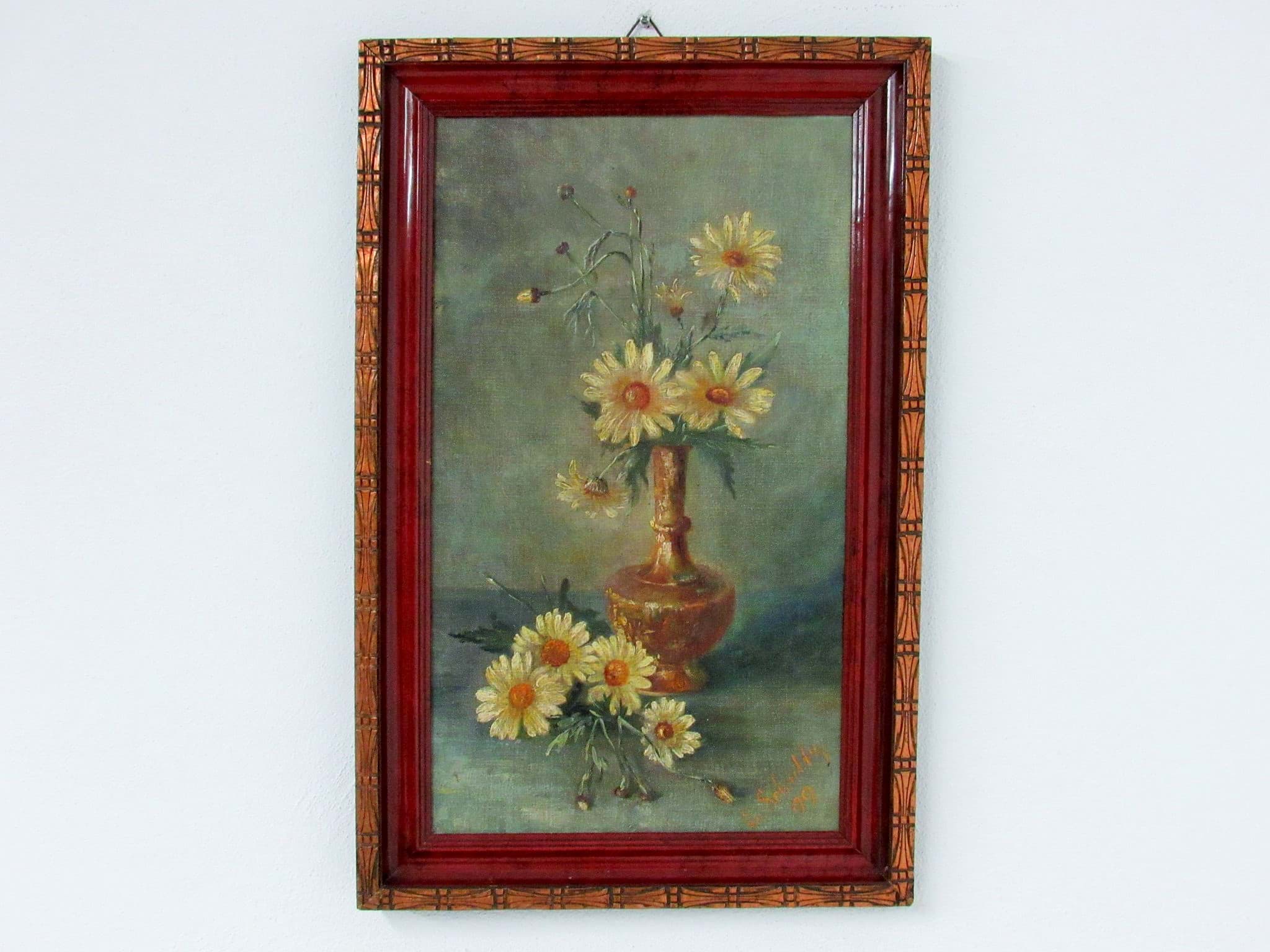 Image de Antik Gemälde / Ölbild, Blumen Stillleben um 1900, Öl/Malkarton, gerahmt, signiert E. Schultz (?) & datiert