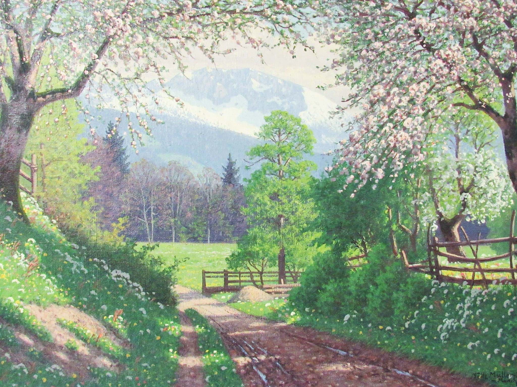 Obraz Gemälde Fritz Müller-Landeck (1865-1942), Frühlingslandschaft, Öl/Leinwand