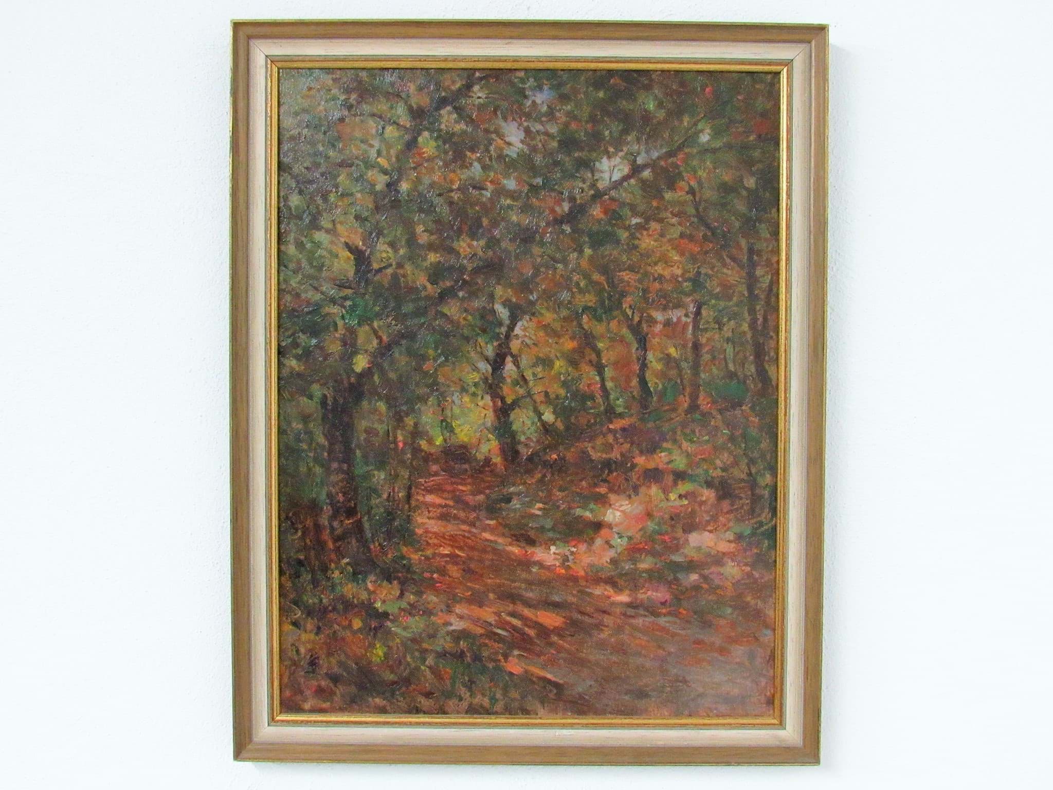 Obraz Impressionistisches Ölbild, wäldlicher Hohlweg im Herbst, Öl auf Holz, 20. Jahrhundert