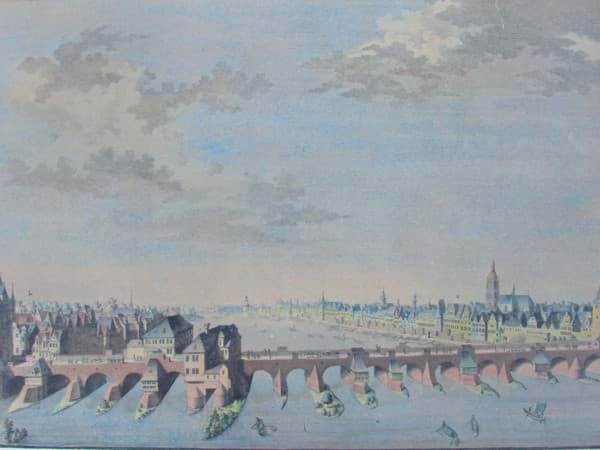 Bild von Alt-kolorierte Umrißradierung, Ansicht Frankfurt am Main, Alte Steinbrücke, um 1800