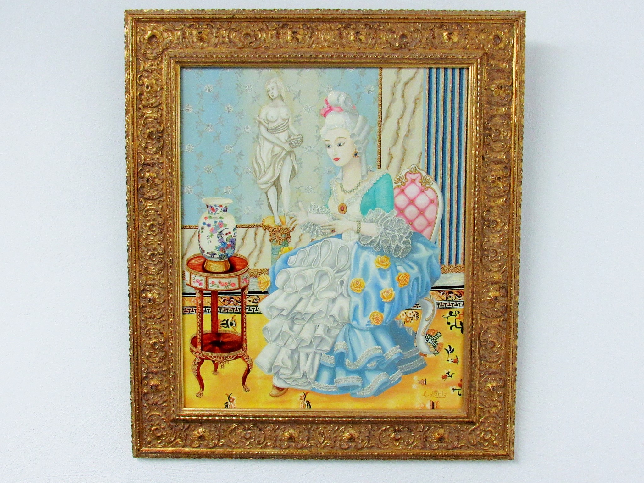 Afbeelding van Ölgemälde Rokoko Dame mit chinesischer Vase, signiert L. König