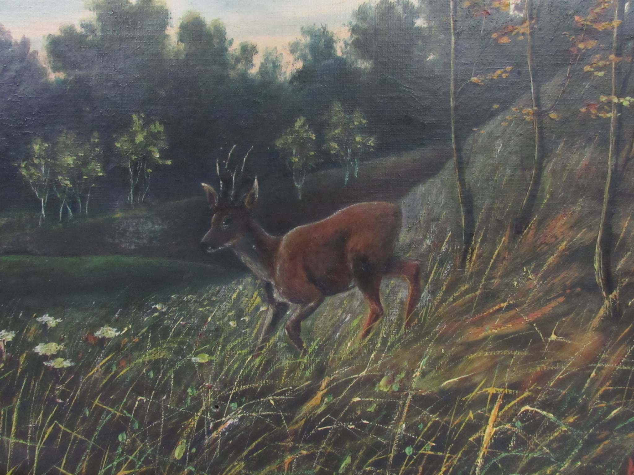 Obraz Gemälde Waldrand Landschaft mit jungem Reh / Rehbock, Öl/Leinwand, gerahmt