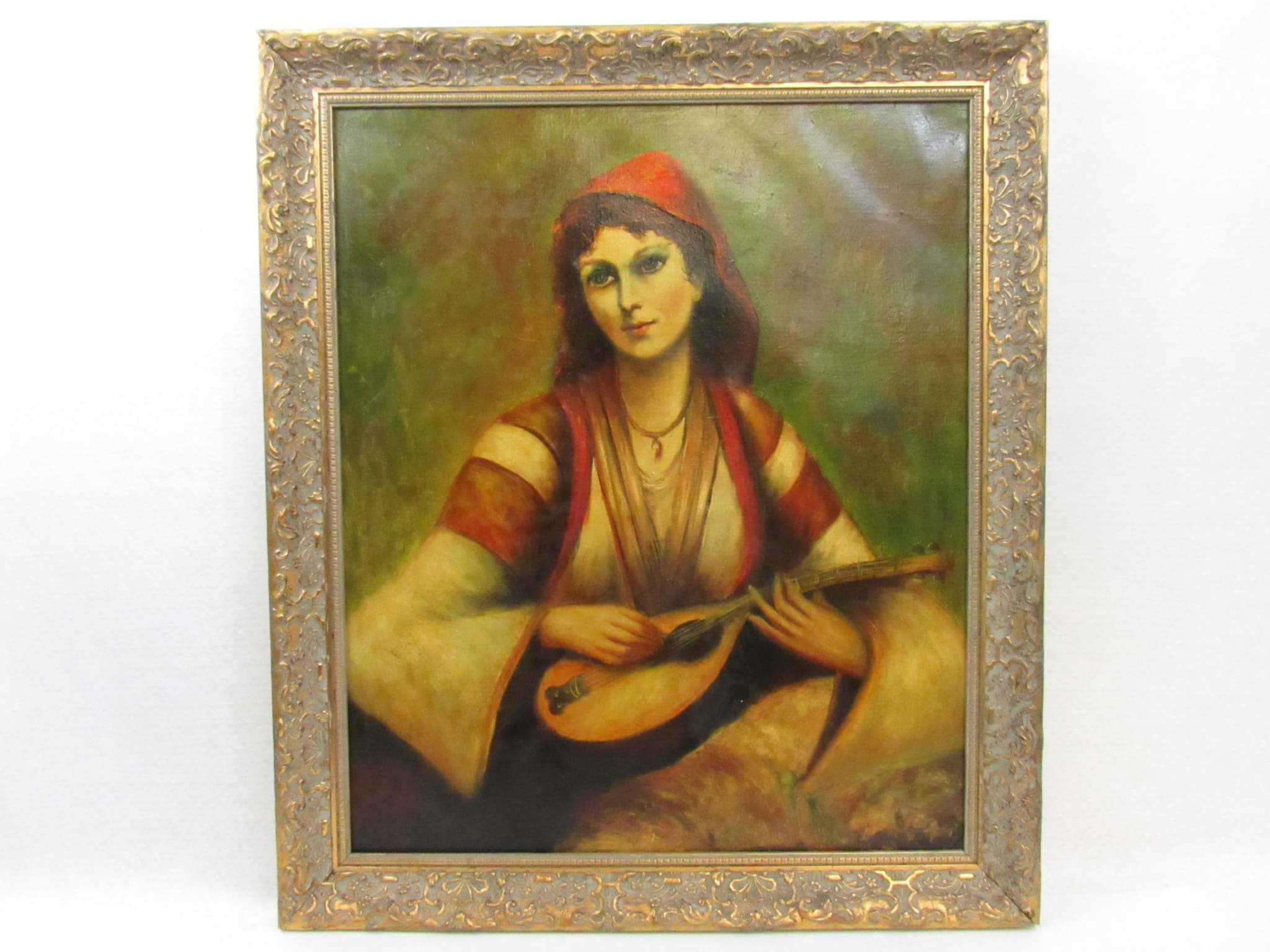 Bild av Gemälde Damen Porträt, Orientale mit Laute, gerahmt, Öl auf Leinwand
