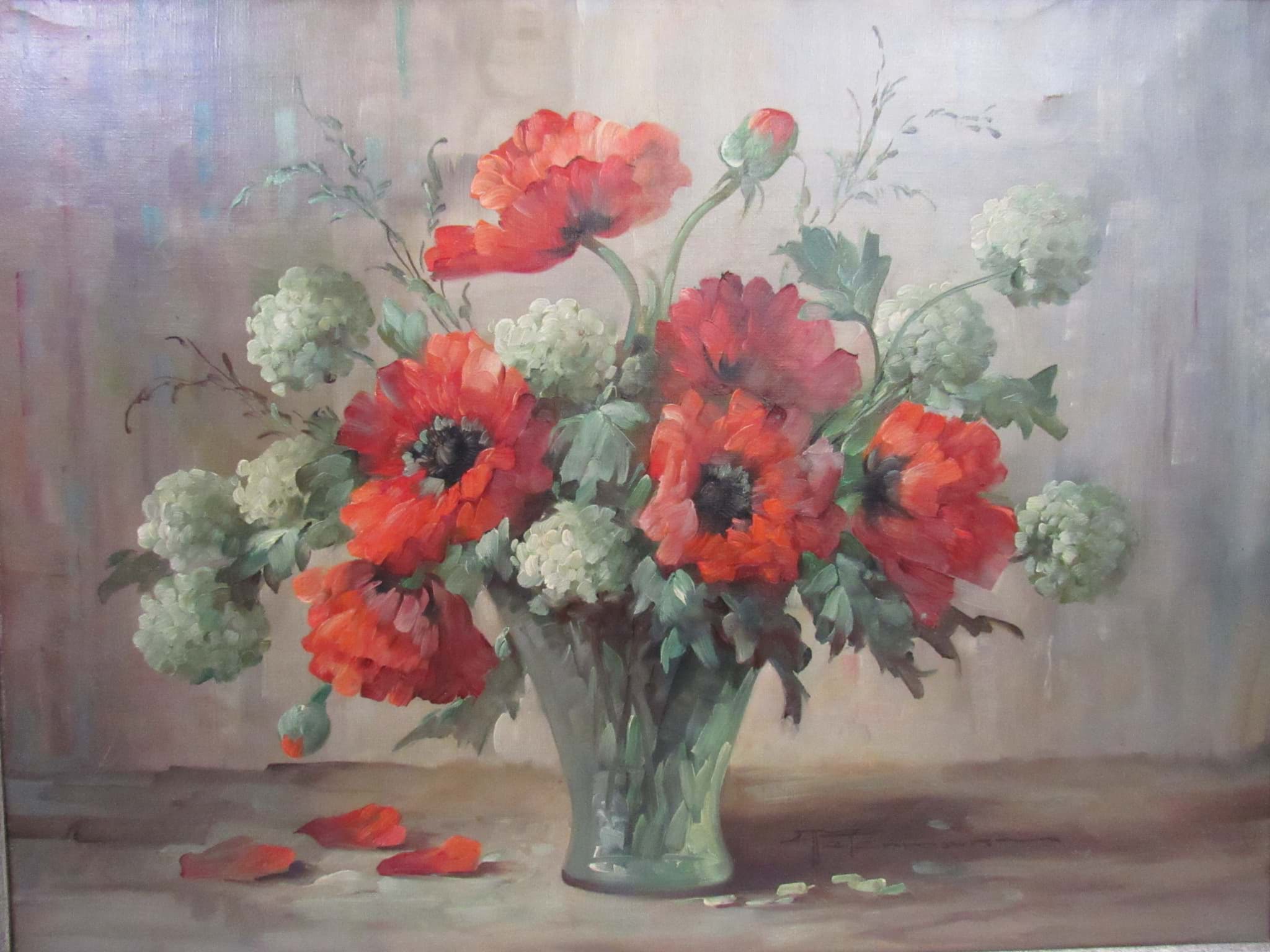 Afbeelding van Gemälde Blumen Stillleben, rote Anemonen Blumenstrauß, unleserlich signiert