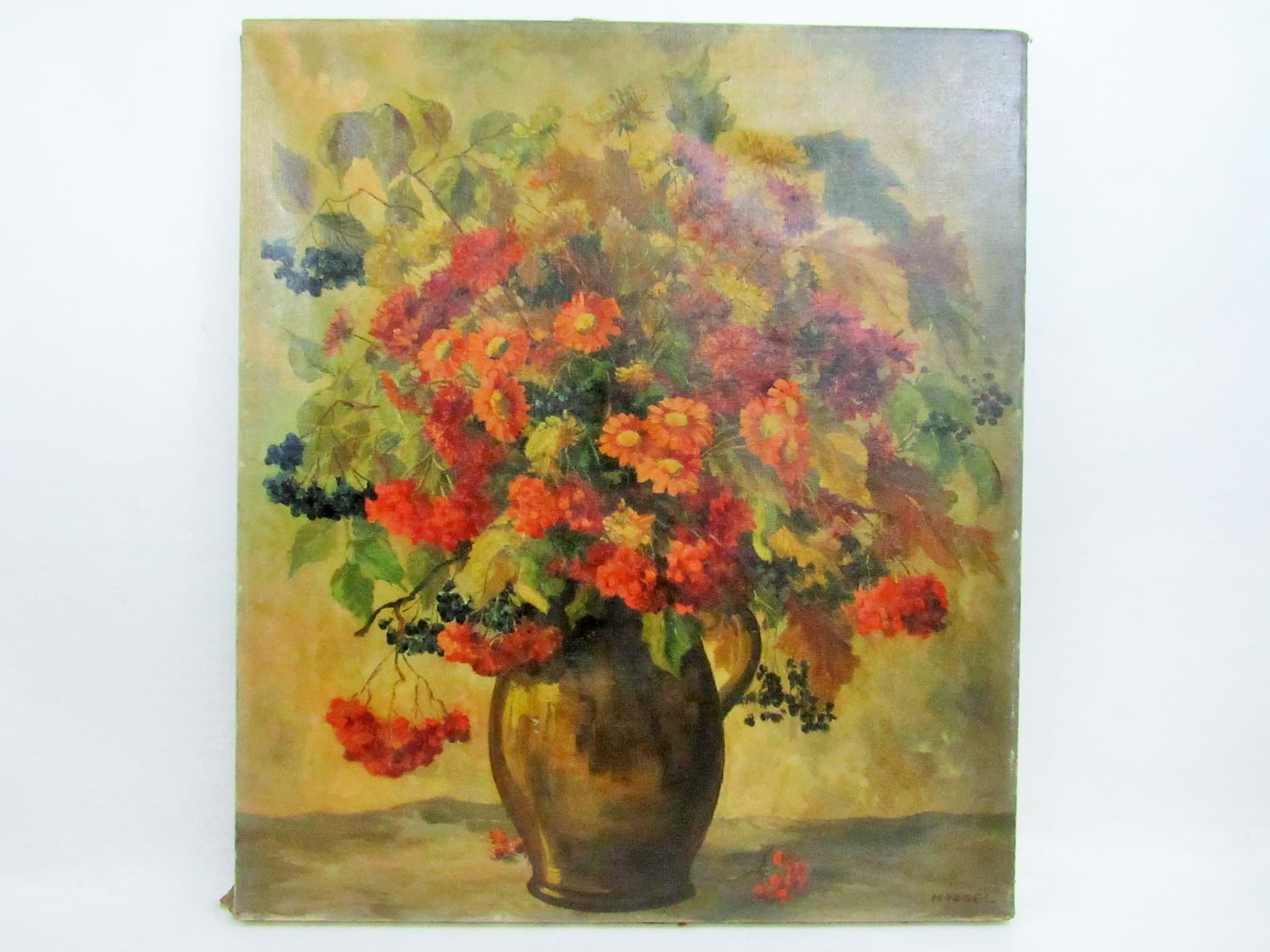 Afbeelding van Gemälde Blumen Stillleben, Blumenstrauß mit Holunder, signiert H. Vogel