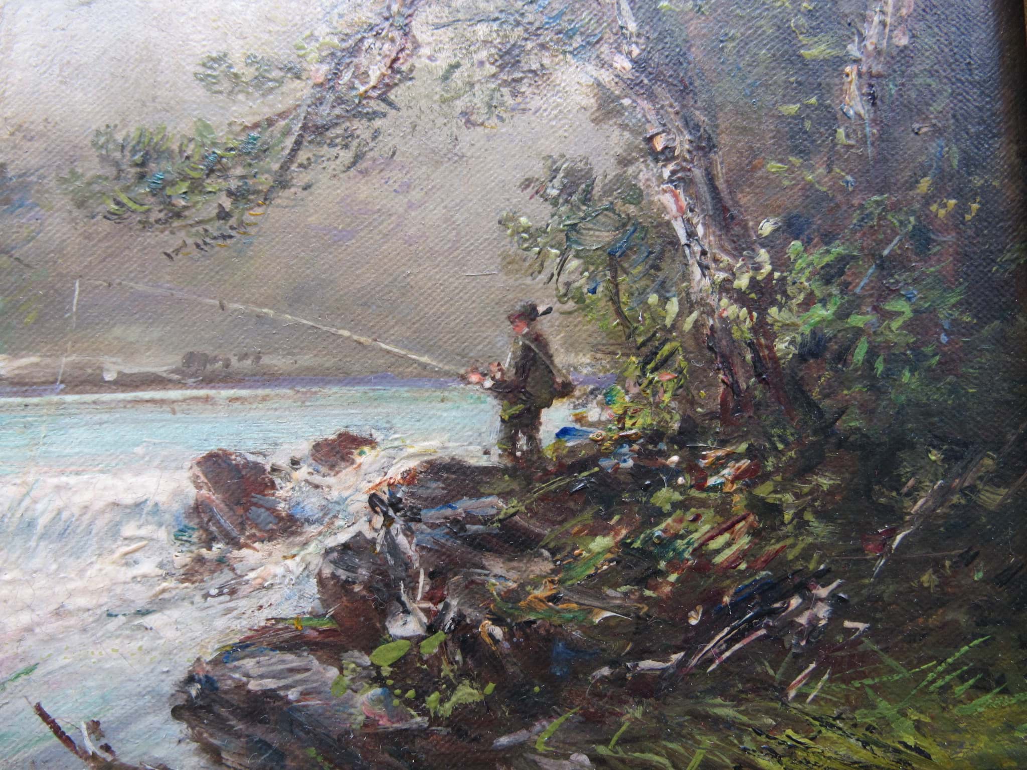 Image de Gemälde Landschaft, Angler am Fluss, Öl/Leinwand, unbekannter Künstler des 20. Jahrhundert, signiert