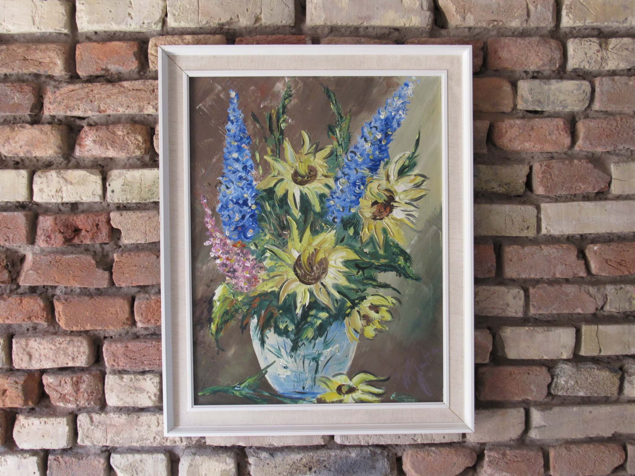 Afbeelding van Gemälde Blumenstillleben mit Sonnenblumen & Gladiolen, Öl auf Leinwand, unleserlich signiert
