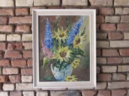 Bild von Gemälde Blumenstillleben mit Sonnenblumen & Gladiolen, Öl auf Leinwand, unleserlich signiert