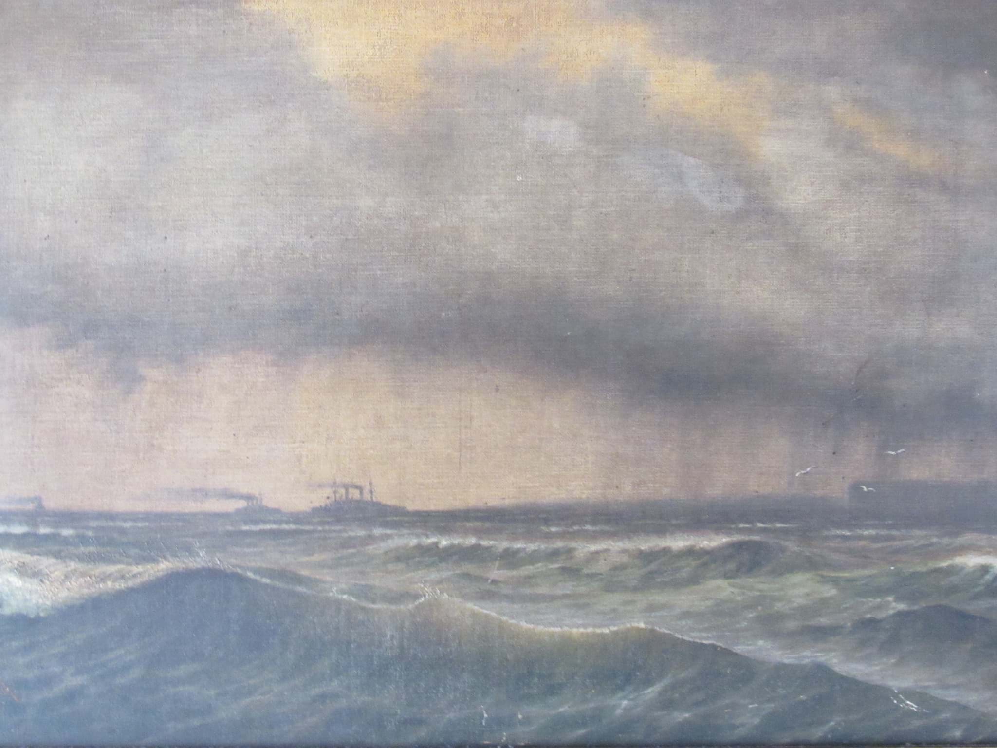 Image de Gemälde Seestück, Flotte auf regnerischer See, Öl / Leinwand, sig. & dat., Ad. Heinrich 1912