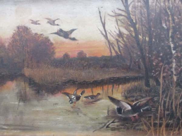 Bild von Gemälde, Enten bei Abend Dämmerung, Landschaftsbild, Öl/Holz