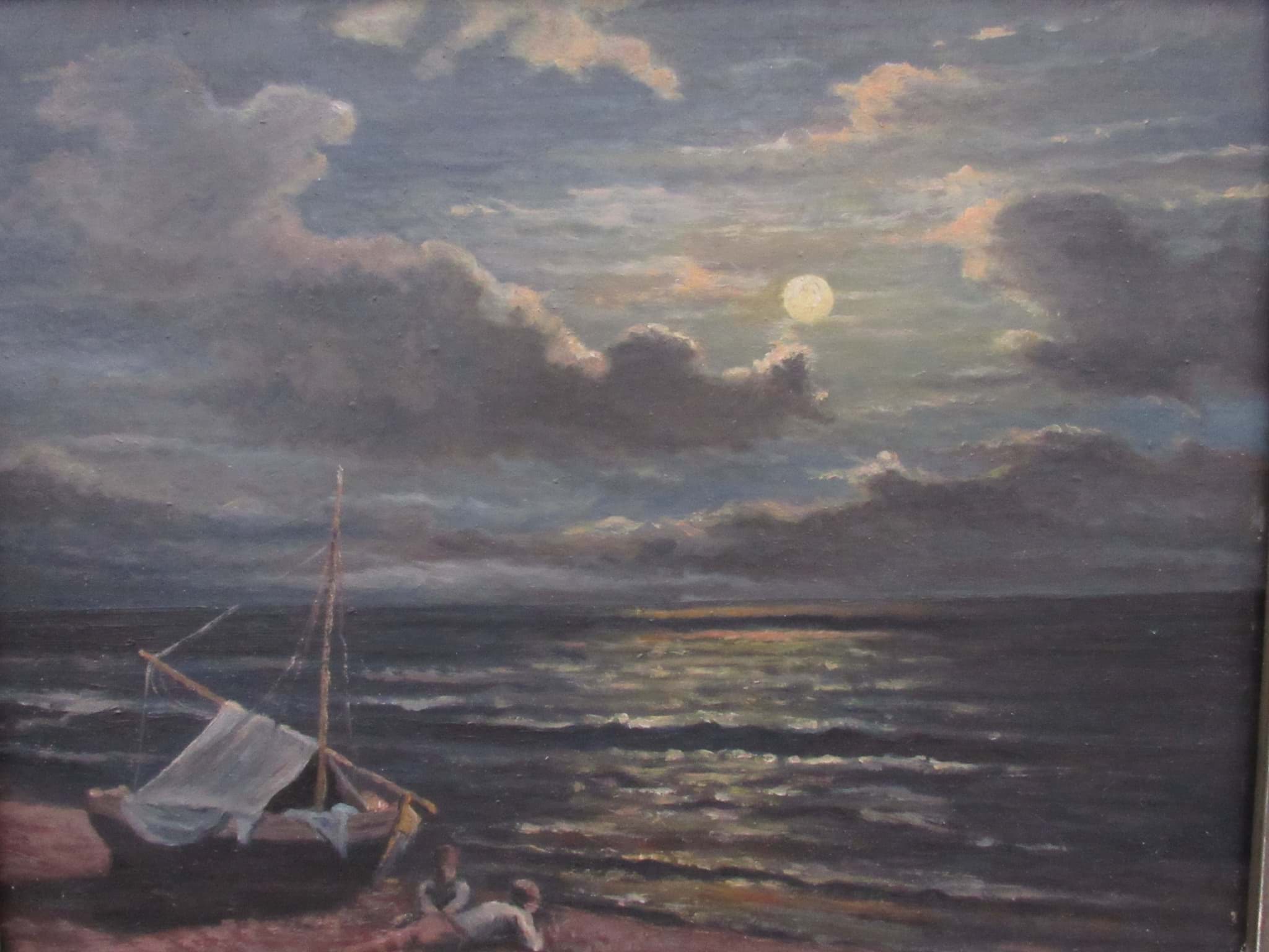 Afbeelding van Maritimes Gemälde Mondschein am Strand, Öl/Holz, 2.H. 20.Jh., gerahmt