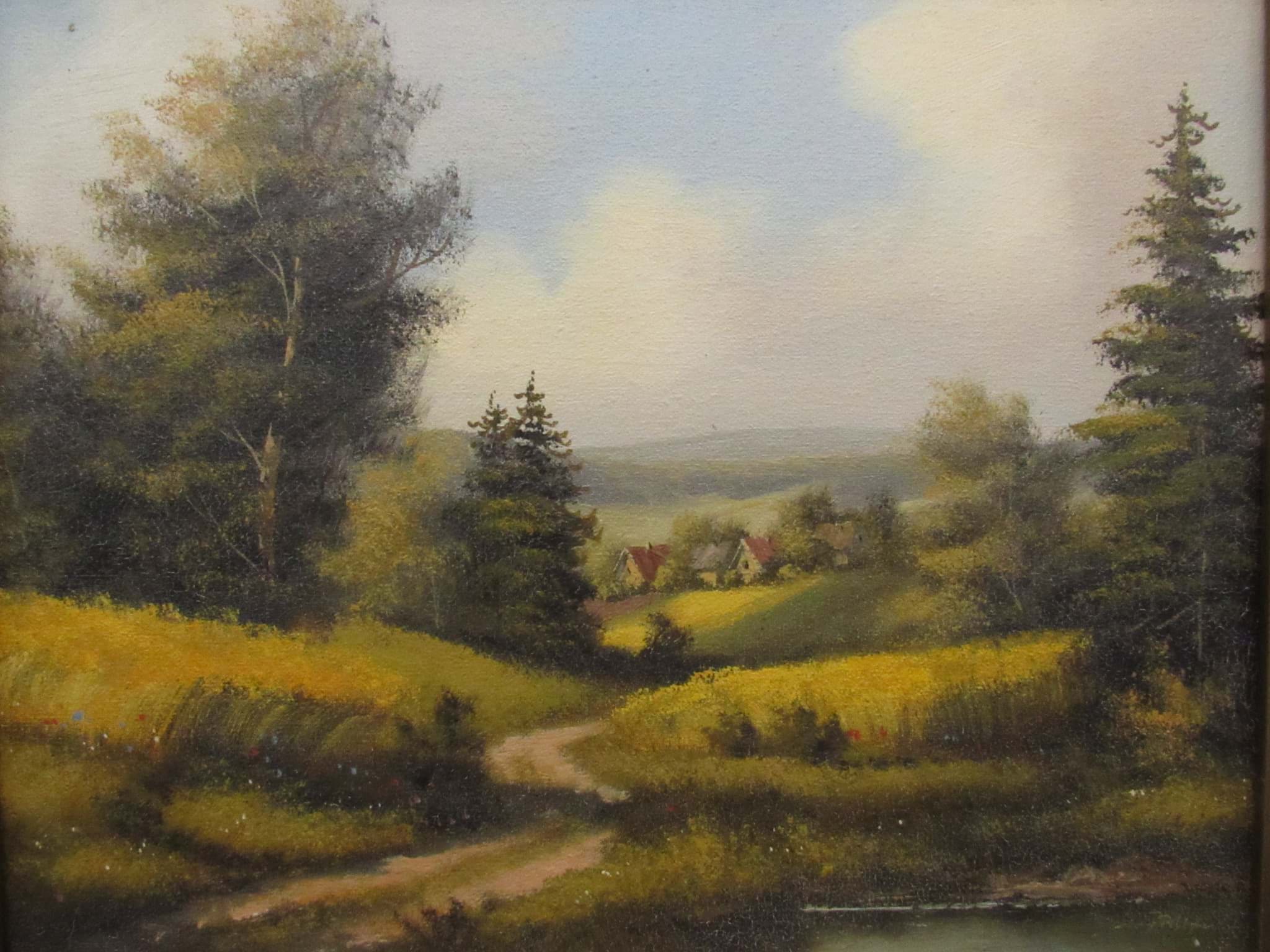Afbeelding van Landschaftsgemälde, idyllische Landschaft mit Gehöft, Öl auf Leinwand