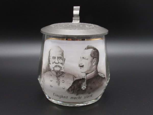 Bild von Antiker Bierkrug aus Glas mit Zinndeckel, patriotisch, Kaiser Wilhelm II & Kaiser Franz Joseph